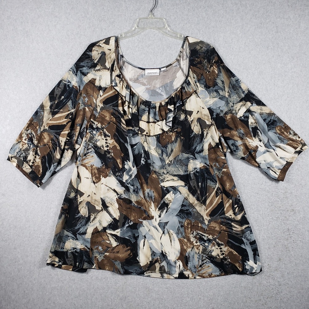 Avenue Abstract Print Scoop Neck Top 30/32 3/4‎ Sleeve Ruffle Detail Plus Size